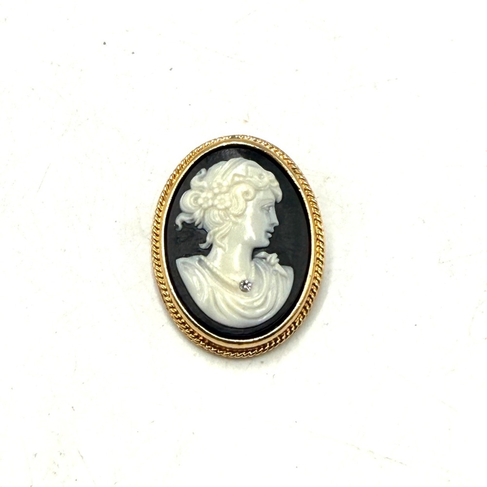 Vintage Avon Black and White Cameo Brooch Pendant Gold Tone Rhinestone Accent